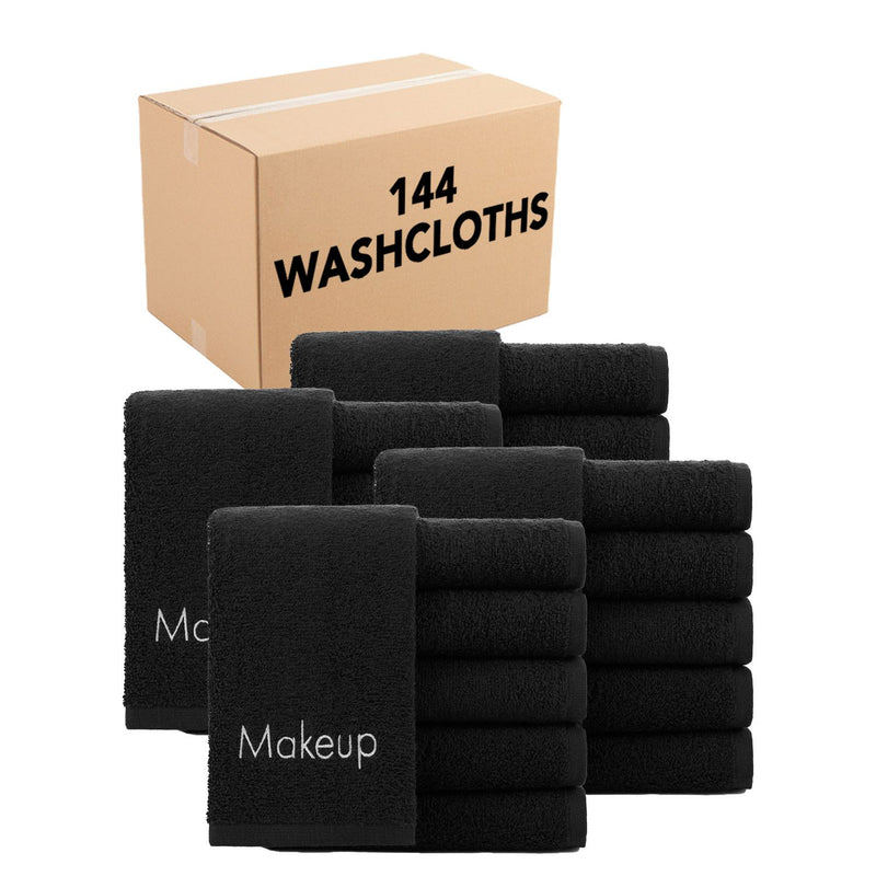 Embroidered Makeup Towels, Set of 6, Black, Cotton, 11x17 in., Buy a 6-Pack or a Case of 144
