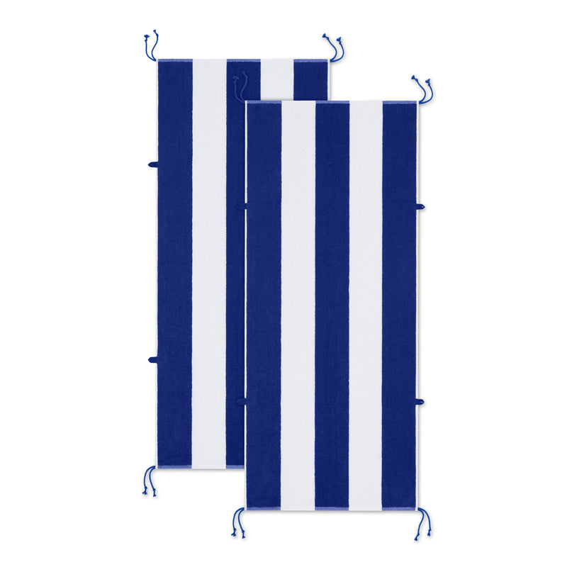 Tie & Dry Beach Towel 2-Pack, 30” x 70”, with Side Ties & Loops, 420GSM, Yarn-Dyed, RingSpun, 100% Cotton Terry, Wide Stripes in 5 Colors