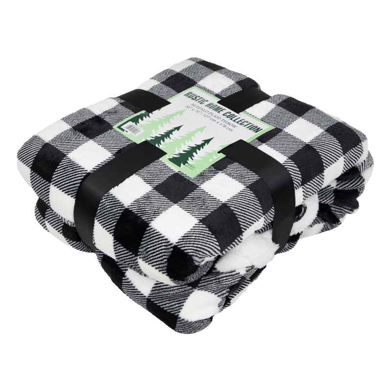 Oversized Soft Flannel/Sherpa Plaid Throw Blanket, (50 x 70, Black/White)