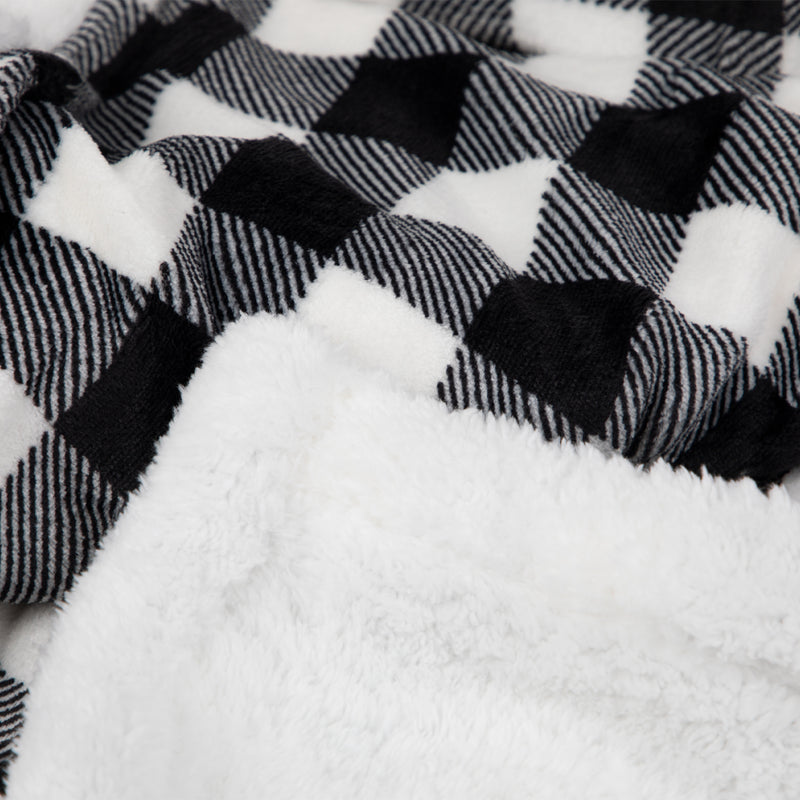 Oversized Soft Flannel/Sherpa Plaid Throw Blanket, (50 x 70, Black/White)