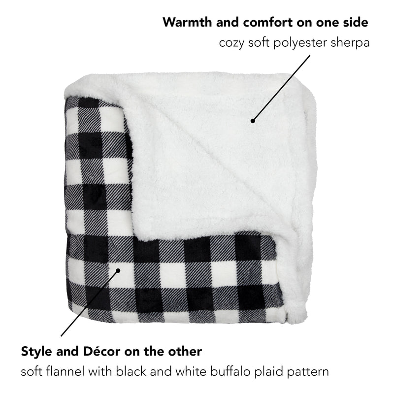 Oversized Soft Flannel/Sherpa Plaid Throw Blanket, (50 x 70, Black/White)