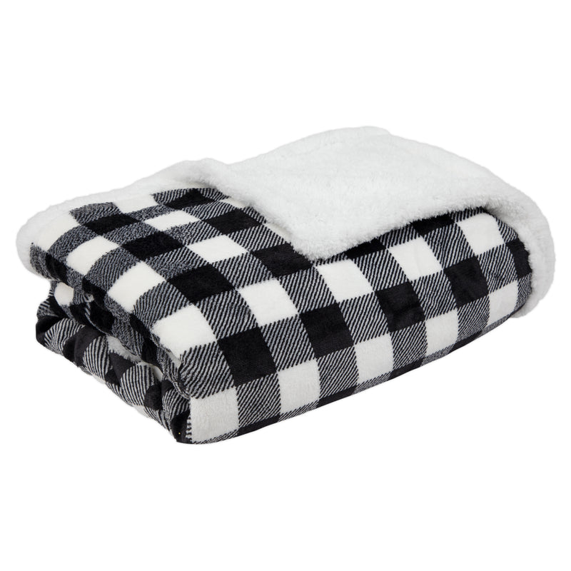 Oversized Soft Flannel/Sherpa Plaid Throw Blanket, (50 x 70, Black/White)