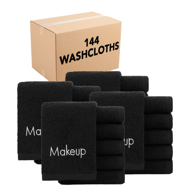 Embroidered Terry Makeup Towels, Set of 6, Black, Cotton, 13x13 in., Buy a 6-Pack or a Case of 144
