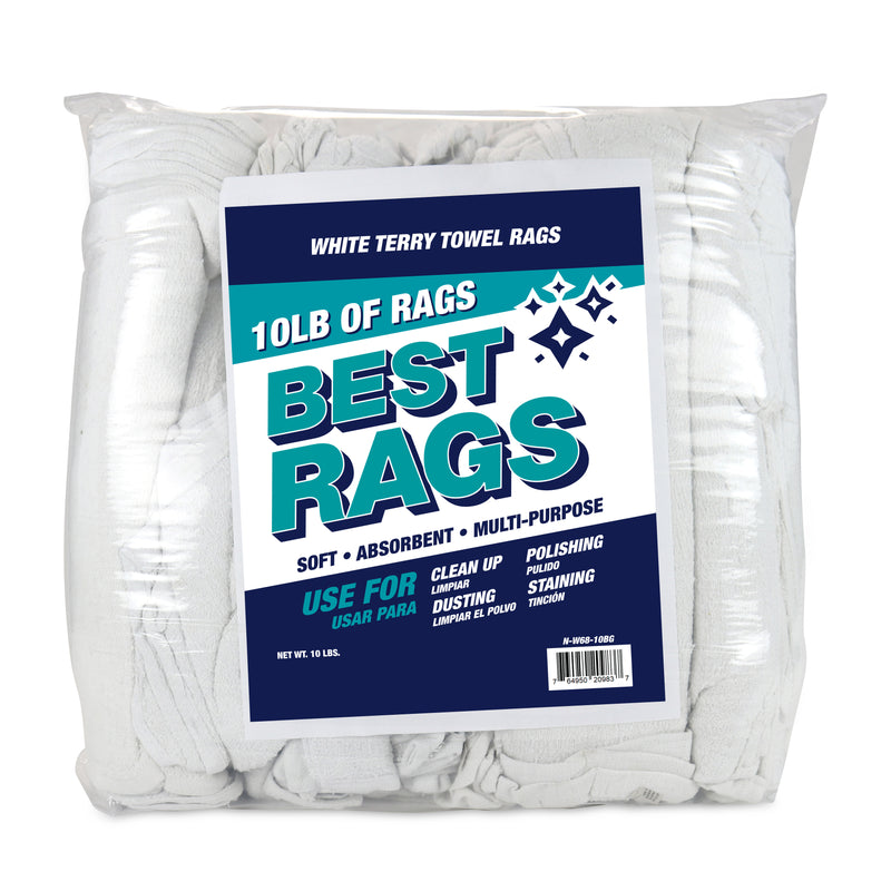 White Terry Rags, 14x14 to 20x20, Package Size Options - Bulk Available