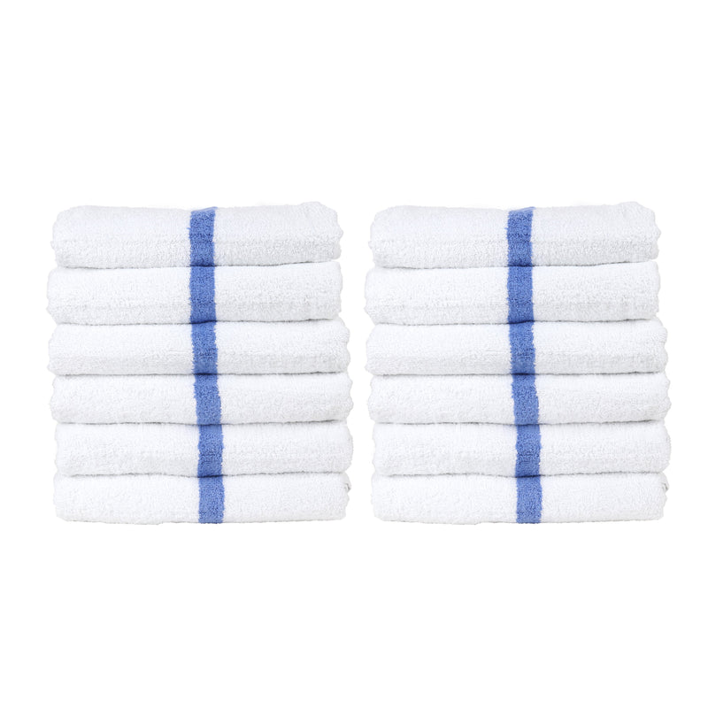 Pool Towels, Cotton, 22x24 in., White with Blue Center Stripe, Bulk Case of 48 Towels