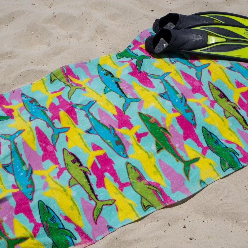 Printed Velour Beach Towel Neon Sharks Design 30x60in. Buy One or a Case of 24