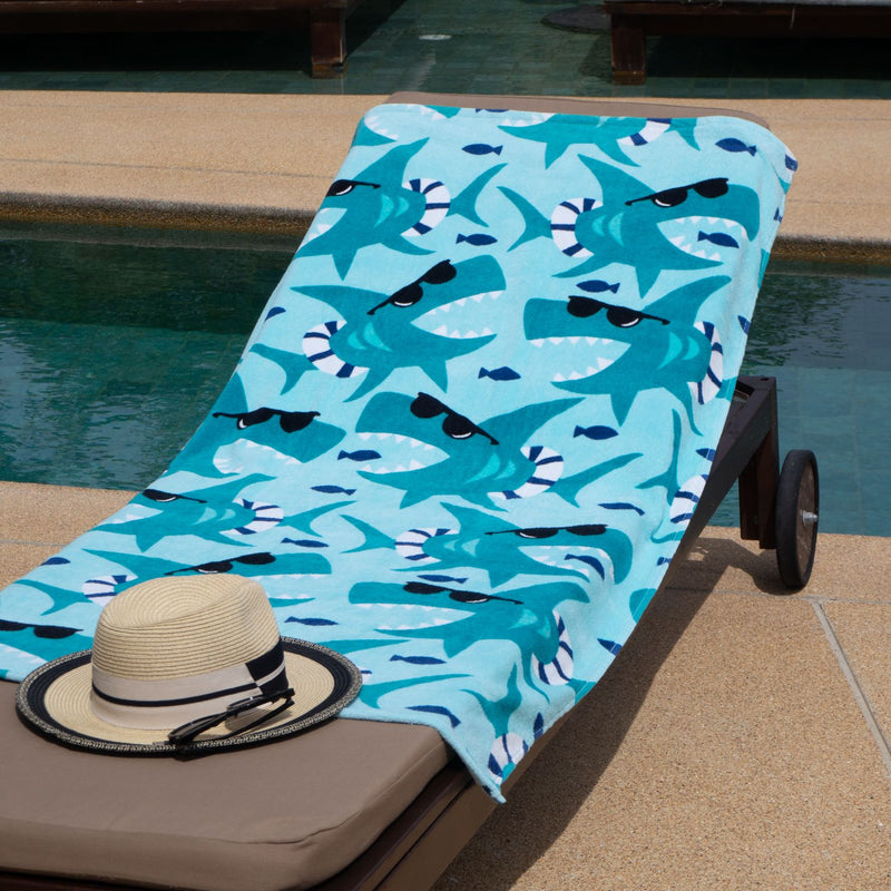 Printed Velour Beach Towel Shark Party Design 30x60in. Buy One or a Case of 24