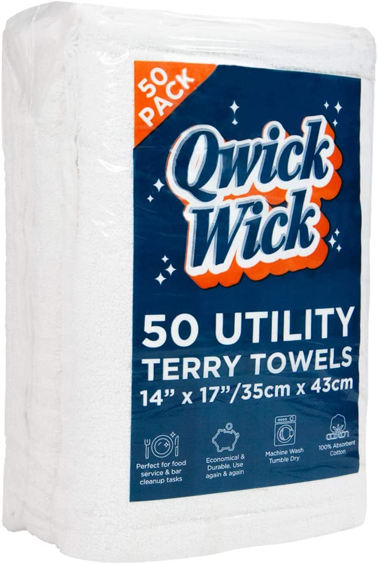 White Terry Bar Mop Towels Pack of 50 (14 x 17 in.), Cotton Multipurpose Cleaning Rags