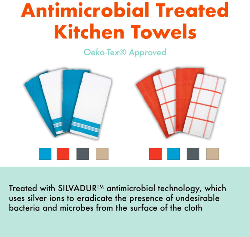4 Pack of Sloppy Chef Kitchen Towels: 15 x 25, Striped Windowpane Pattern, Treated with Silvadur for Anti-microbial Properties