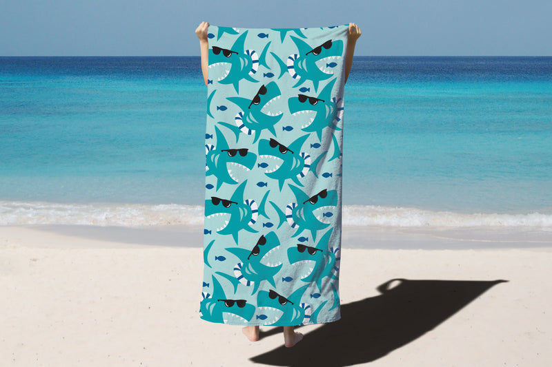 Printed Velour Beach Towel Shark Party Design 30x60in. Buy One or a Case of 24