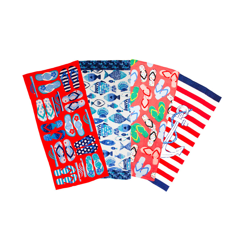 Fiber Reactive Printed Beach Towels Assortment, Velour Cotton, 3 Size Options, Beach Themed Graphics, Cases of 24 or 36