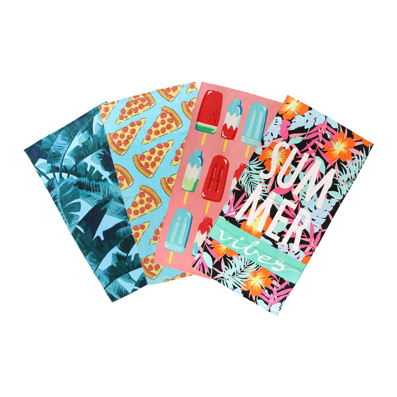 Fiber Reactive Printed Beach Towels Assortment, Velour Cotton, 3 Size Options, Beach Themed Graphics, Cases of 24 or 36