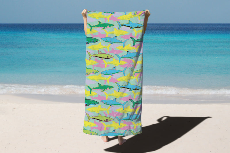 Printed Velour Beach Towel Neon Sharks Design 30x60in. Buy One or a Case of 24
