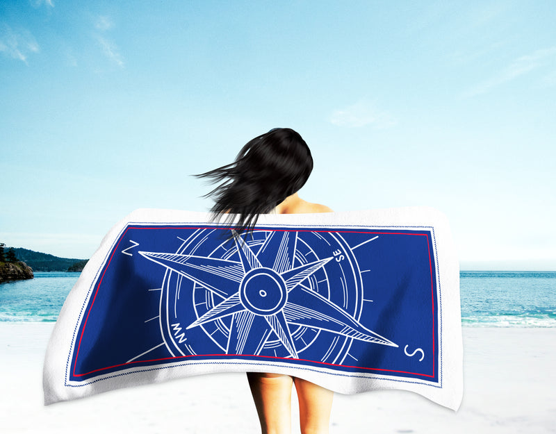 Printed Velour Beach Towel White Nautical Compass Design 30x60in. Buy one or a Case of 24