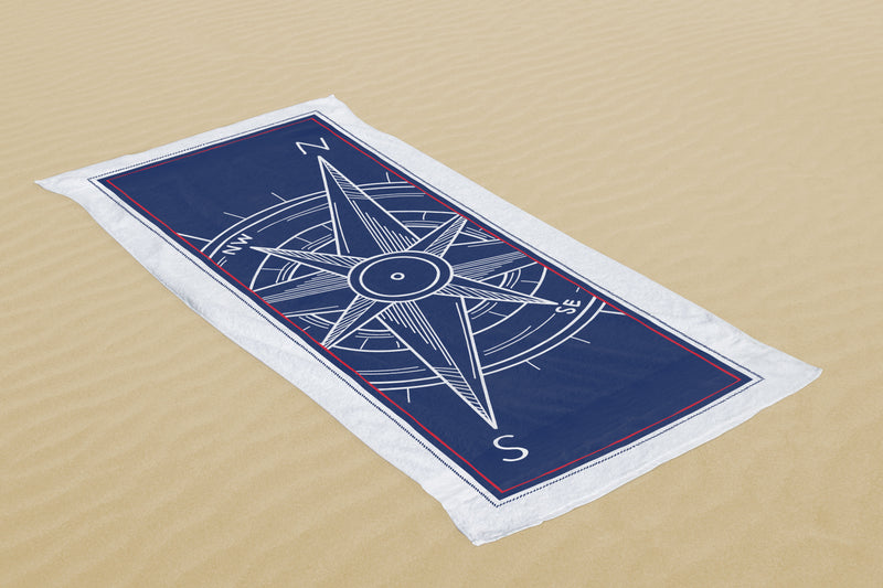 Printed Velour Beach Towel White Nautical Compass Design 30x60in. Buy one or a Case of 24