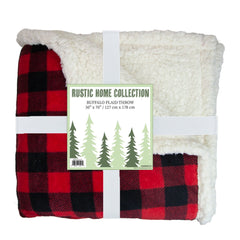 Buffalo Plaid Flannel Sherpa Throw Blanket (Bulk Case of 12), Oversized, Red Black or White Black, Soft Polyester, 50x70 in. or 60x80 in