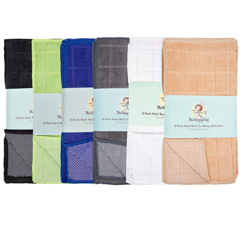 Mesh Back Dishcloths, 12x12 in., One Side Microfiber, One Side Scrubbing Mesh, Windowpane Weave, Six Colors, 12-Pack or Bulk Case of 288