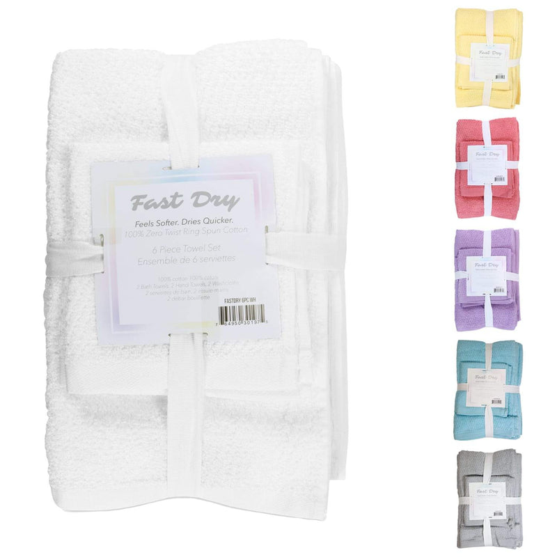 Fast Dry Zero-Twist Six Piece Bath Towel Set (Case of 12 Sets), Two Each - Washcloths, Hand Towels & Bath Towels, Ring Spun Cotton, Six Colors