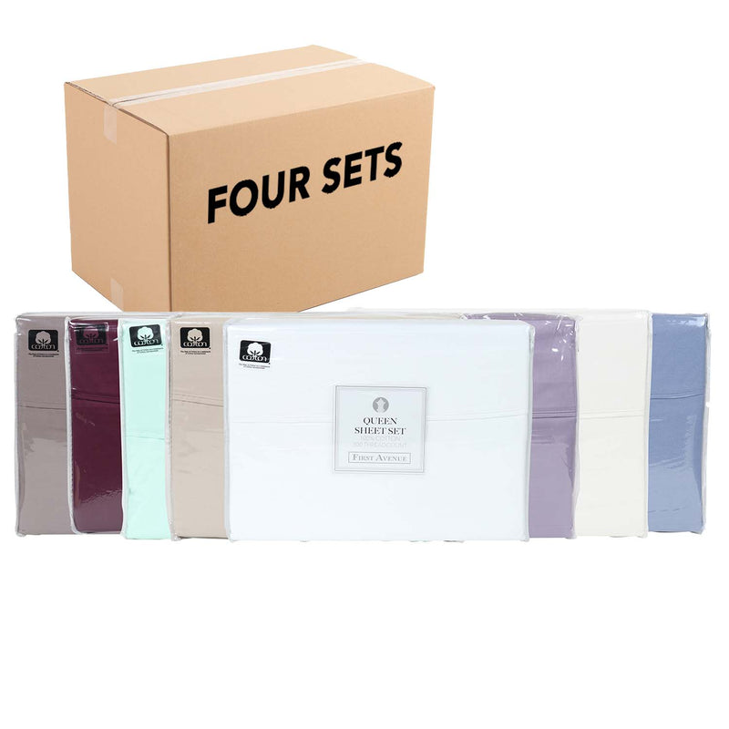 First Avenue 300 Thread Count Sheet Sets (Case of 4 Sets), 1 Flat Sheet, 1 Fitted Sheet, 2 Pillowcases, Cotton, Size and Color Options