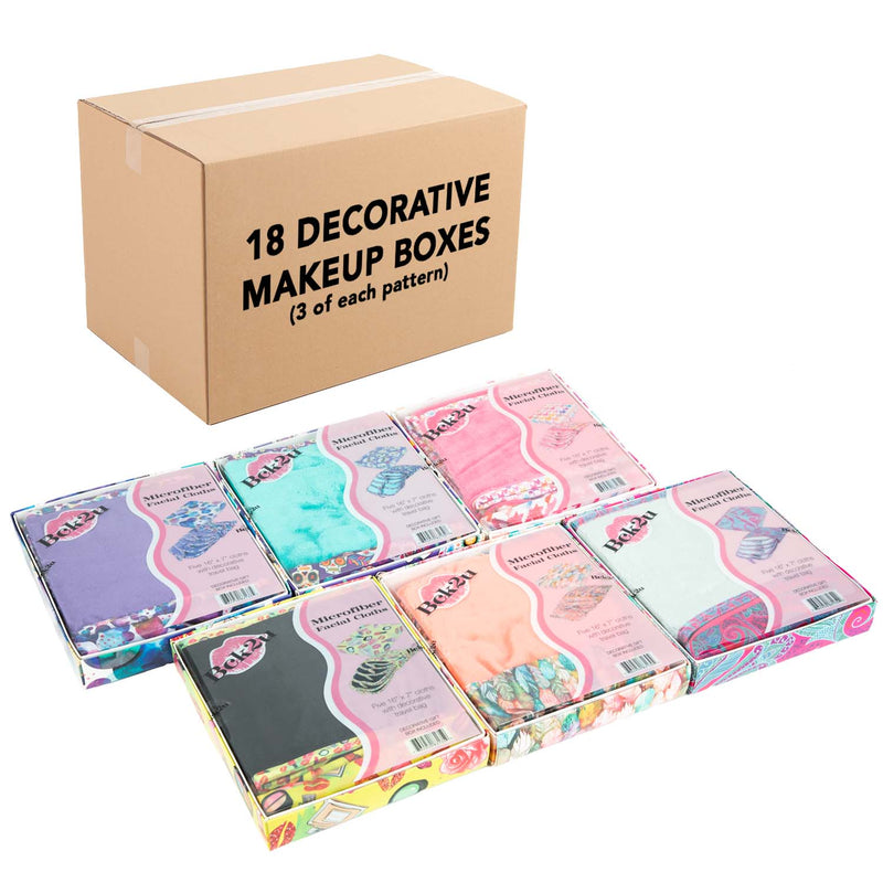Makeup Removal Cloth Set with Travel Bag in Decorative Gift Box (Assorted Case of 18 Sets), 7x16 in., Six Designs