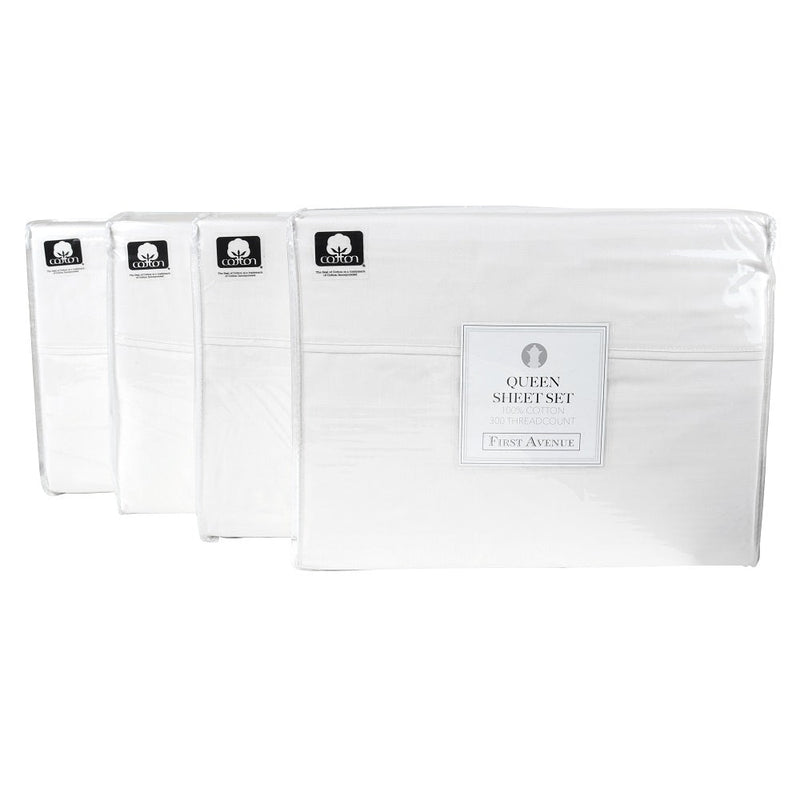 First Avenue 300 Thread Count Sheet Sets (Case of 4 Sets), 1 Flat Sheet, 1 Fitted Sheet, 2 Pillowcases, Cotton, Size and Color Options