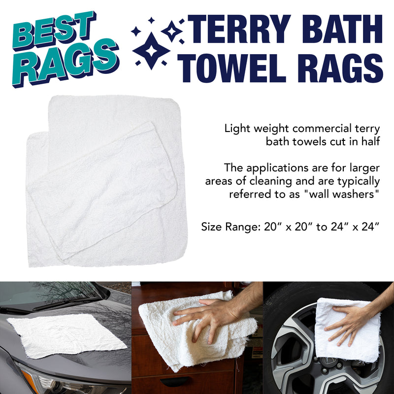 Large White Terry Cloth Rags, 20x20 to 24x24, Size Options