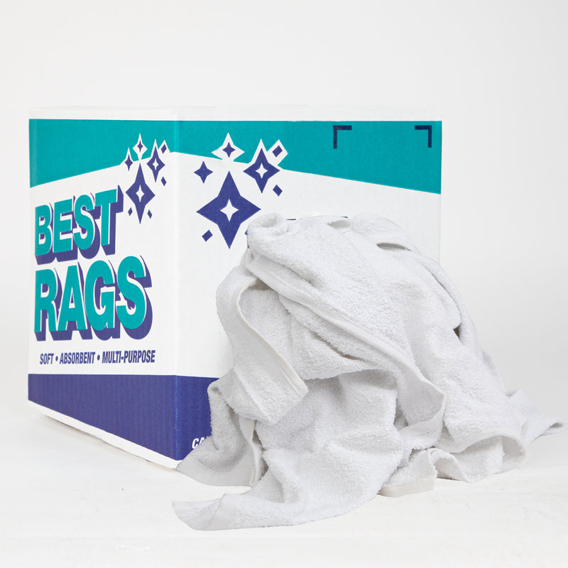 White Hand Towel Sized Terry Cleaning Rags, 15x25 to 16x27, White Only, Package Size Options