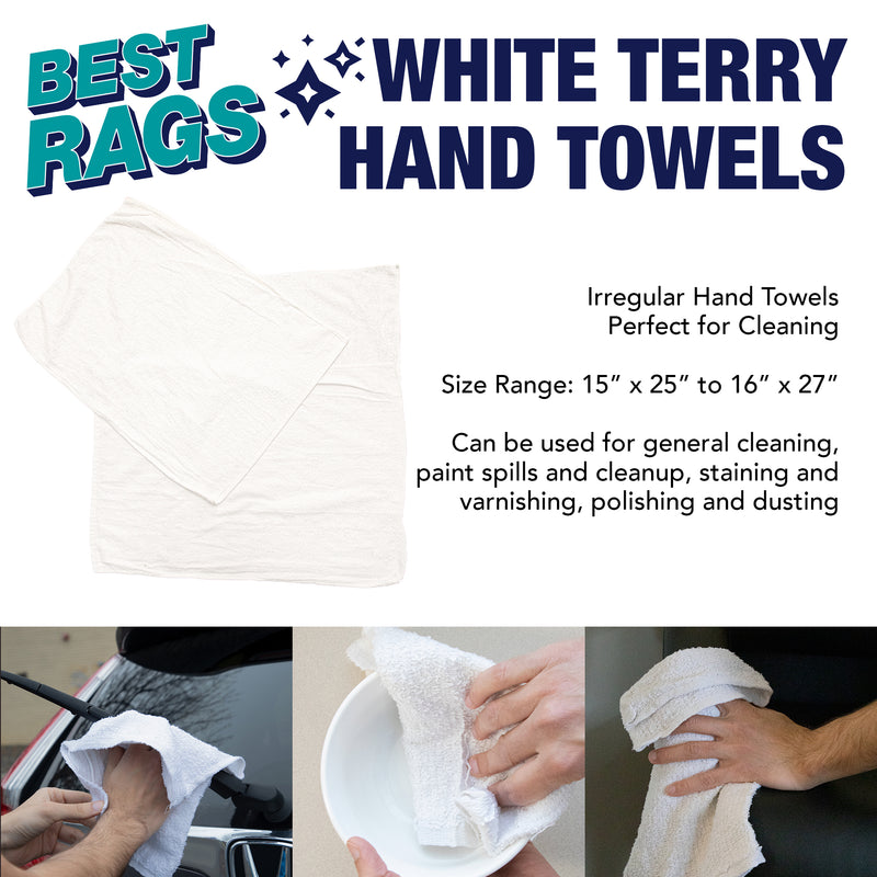 White Hand Towel Sized Terry Cleaning Rags, 15x25 to 16x27, White Only, Package Size Options