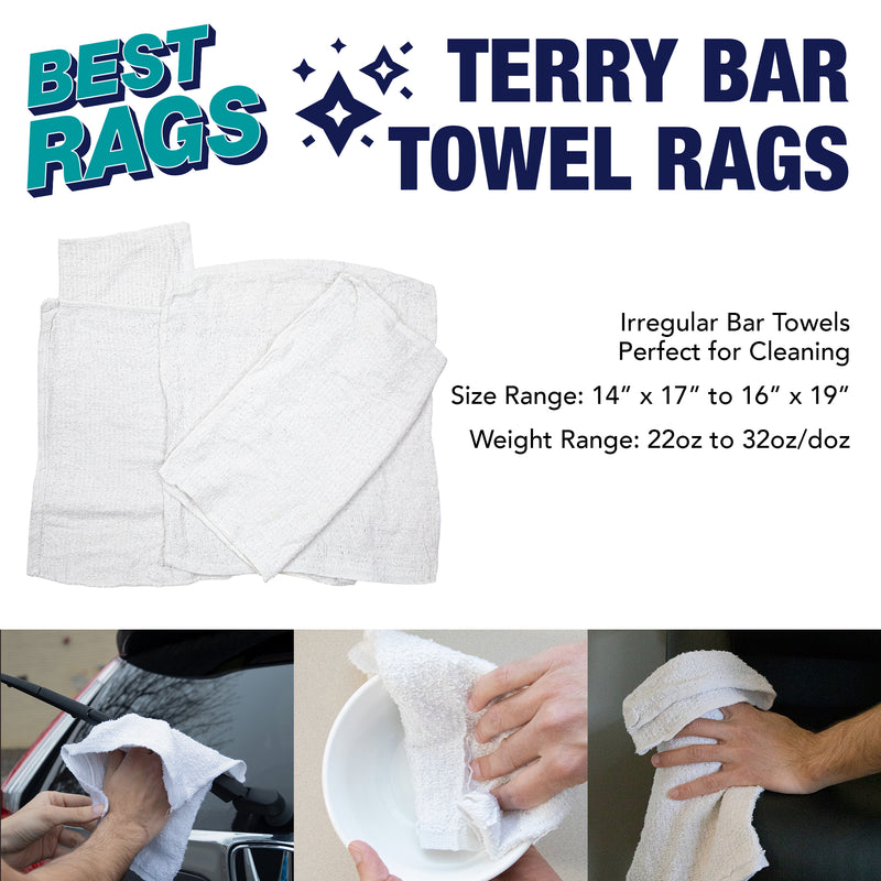 Bar Mop Terry Towel Rags, 14x17 to 16x19, Plain White and with Center Stripes, Perfect Cleaning Cloth Rags for Home, Garage, and Automotive