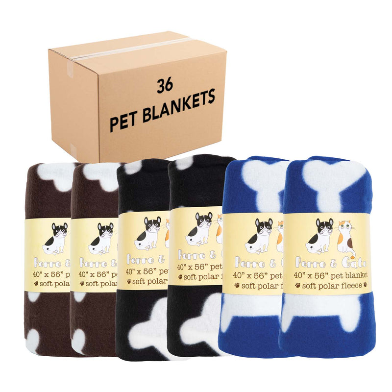 Bulk Case Pet Blankets, Size Options, Soft Polar Fleece, Bones Design