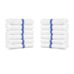Pool Towels, Cotton, 22x24 in., White with Blue Center Stripe, Bulk Case of 48 Towels