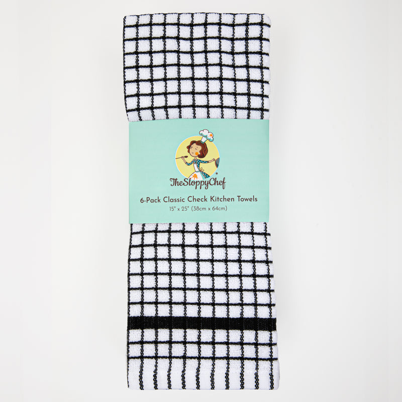Sloppy Chef Classic Windowpane Kitchen Towel 6-Pack, Cotton, Five Color Options, Size 15x25 in., Buy A 6-Pack or A Bulk Case of 144, Black