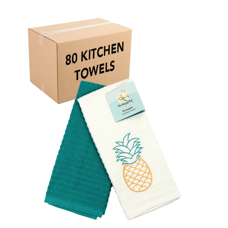 Bulk Case of 40 Decorative Embroidered Kitchen Towel Sets, 2 Towels per Set, 1 Embroidered and 1 Solid Color, Ten Lucky Theme Styles, 16x26 in.