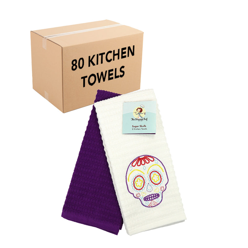 Bulk Case of 40 Decorative Embroidered Kitchen Towel Sets, 2 Towels per Set, 1 Embroidered and 1 Solid Color, Ten Lucky Theme Styles, 16x26 in.