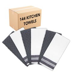 Premier Cotton Kitchen Towel Bulk Case, 15x25 in., Diamond Weave, Mixed White and Color Towels, 4 Border Stripe Colors, Buy a Bulk Case of 144