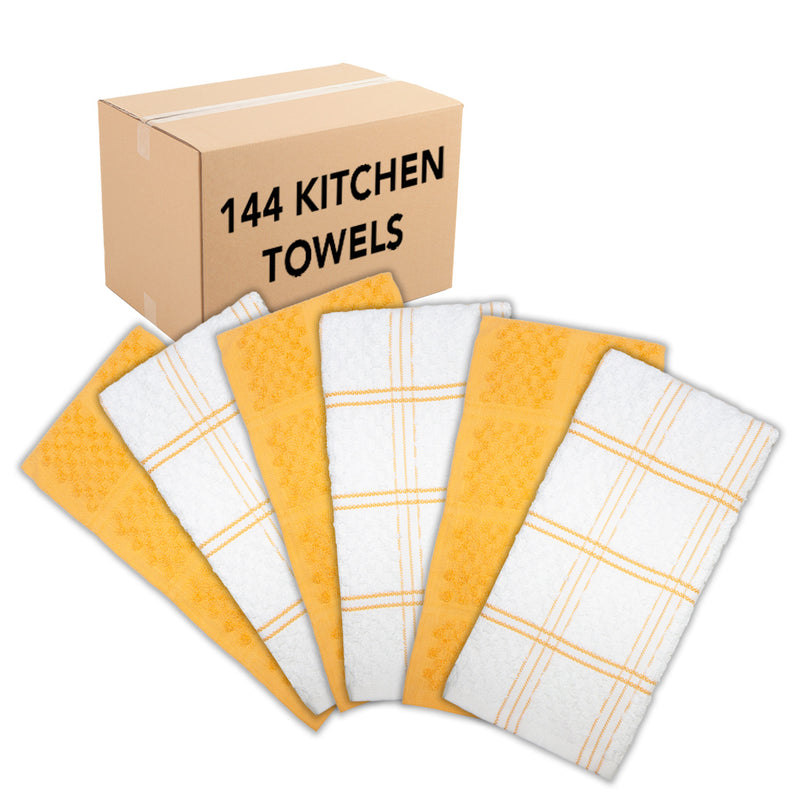CASE of 144 Sloppy Chef Premier Kitchen Towels, 15x25 Inches, Cotton - Popcorn Stiped Pattern, Color Options