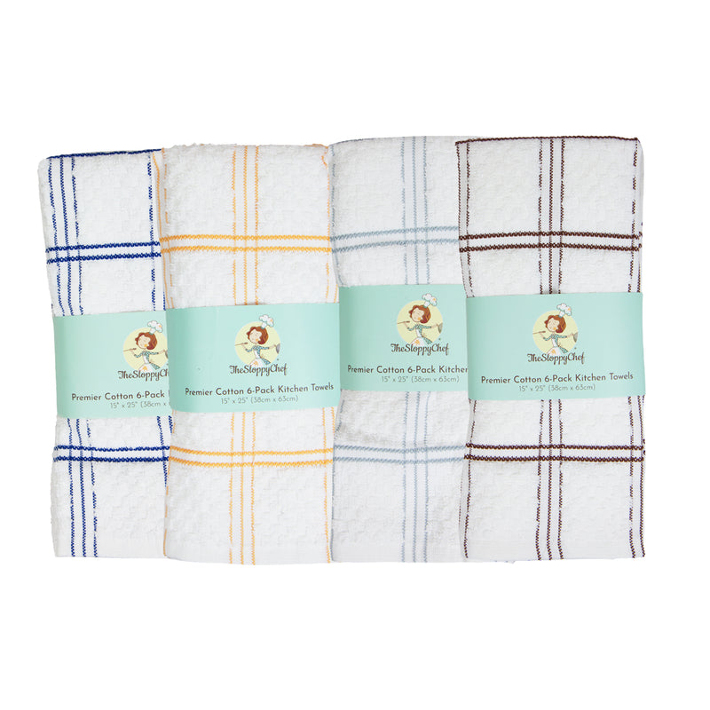 Sloppy Chef Premier Kitchen Towels (Pack of 6),15x25in., Striped Pattern,  Tan, Brown & White, Cotton 