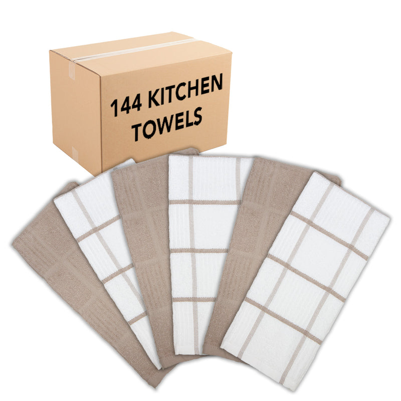 CASE of 144 Sloppy Chef Premier Kitchen Towels, 15x25 Inches, Cotton, Windowpane Striped Pattern, Color Options