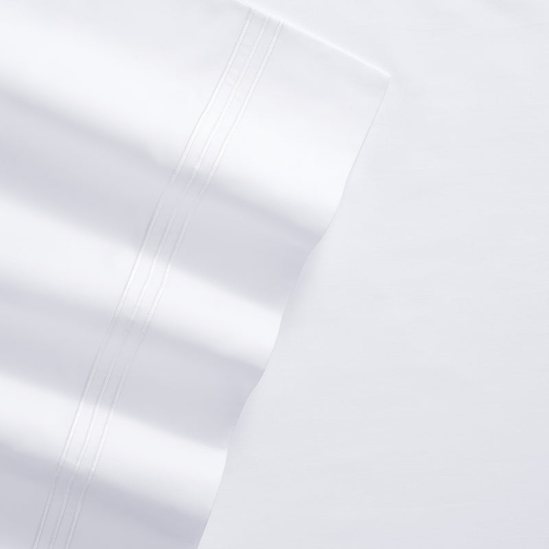 Aston and Arden Sateen Sheet Set, 600 Thread Count, Sateen Cotton, Pristine White with Fine Baratta Embroidered 3-Striped Hem