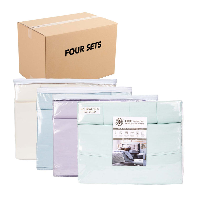 1000 Thread Count Sheet Sets (Case of 4 Sets), Set: 1 Flat Sheet, 1 Deep Pocket Fitted Sheet, and 4 Pillowcases, Size Options, 4 Colors