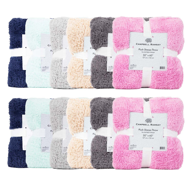 Bulk Case of 12 Plush Sherpa Throw Blankets, Soft Sherpa Polyester, 50x60 in., Six Solid Colors