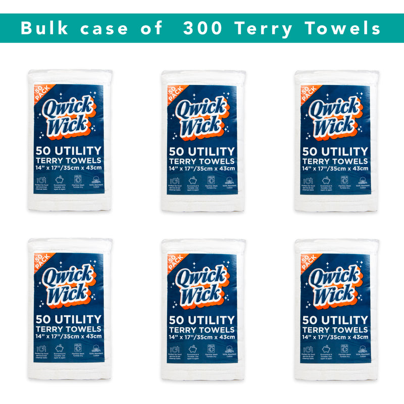 White Terry Towels, 100% Cotton, 14x17 in., 6 Bags of 50 Towels, Case of 300 Towels
