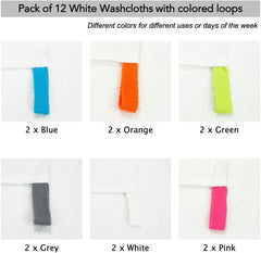 European Style White Washcloths with Colorful Loops, Cotton, 12x12 in., White with six Loop Colors, Buy a 12-Pack
